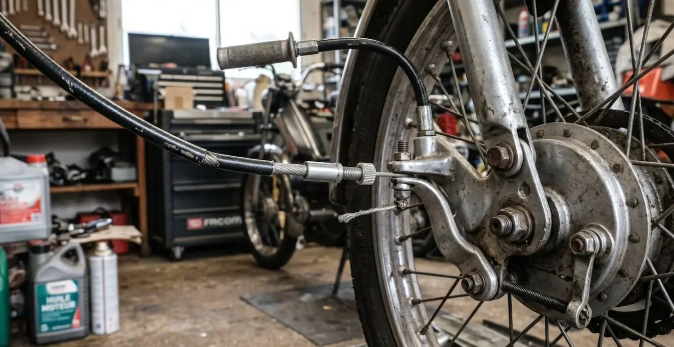 Gros plan sur un câble de frein arrière de mobylette 50 cc avec gaine métallique et attache au levier, fond d'atelier flouté