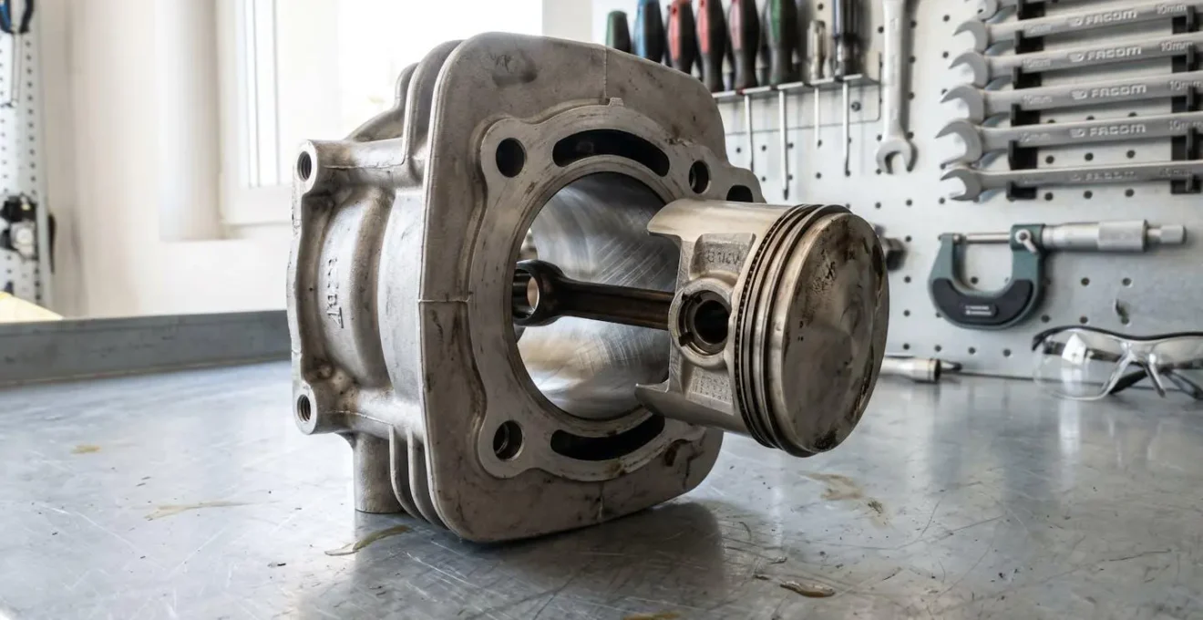 Gros plan rapproché sur un cylindre de mobylette avec piston visible posé sur une surface d'établi en métal propre