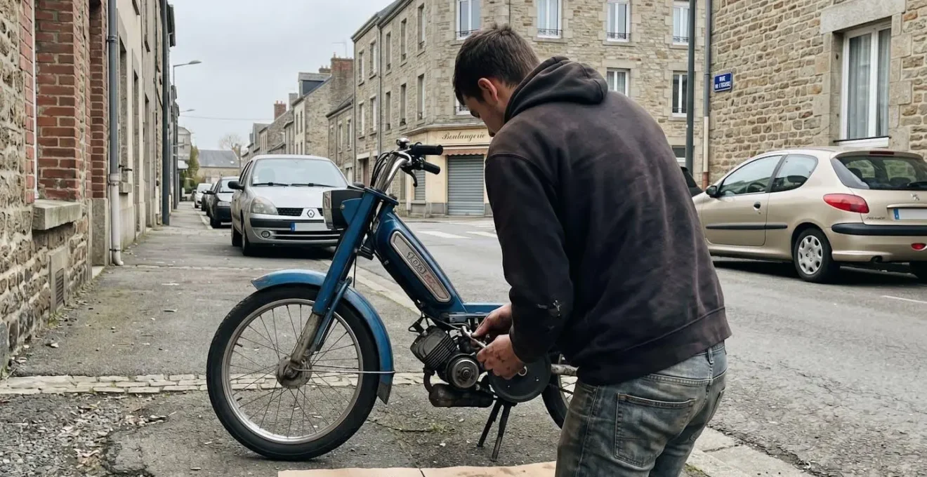 Un jeune adulte vu de dos examine le moteur ouvert d'une mobylette garée dans une rue résidentielle française contemporaine