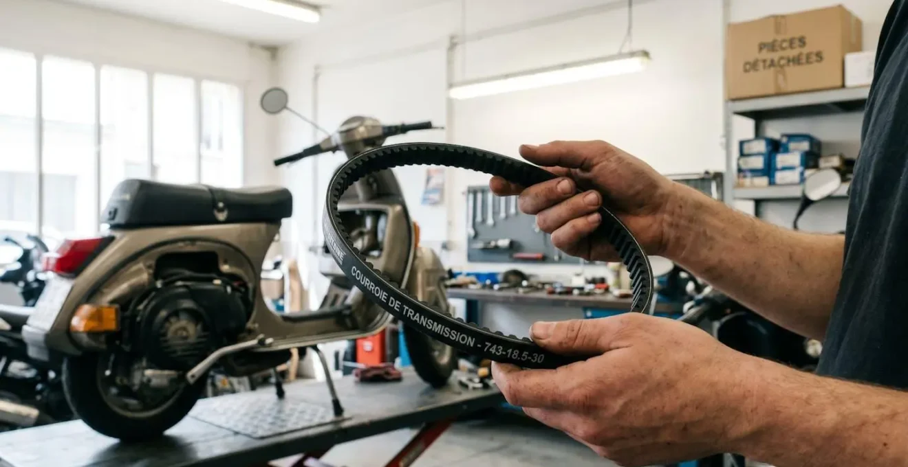 Gros plan sur les mains d'un jeune adulte tenant une courroie de transmission neuve avec un scooter 50 cc flouté en arrière-plan