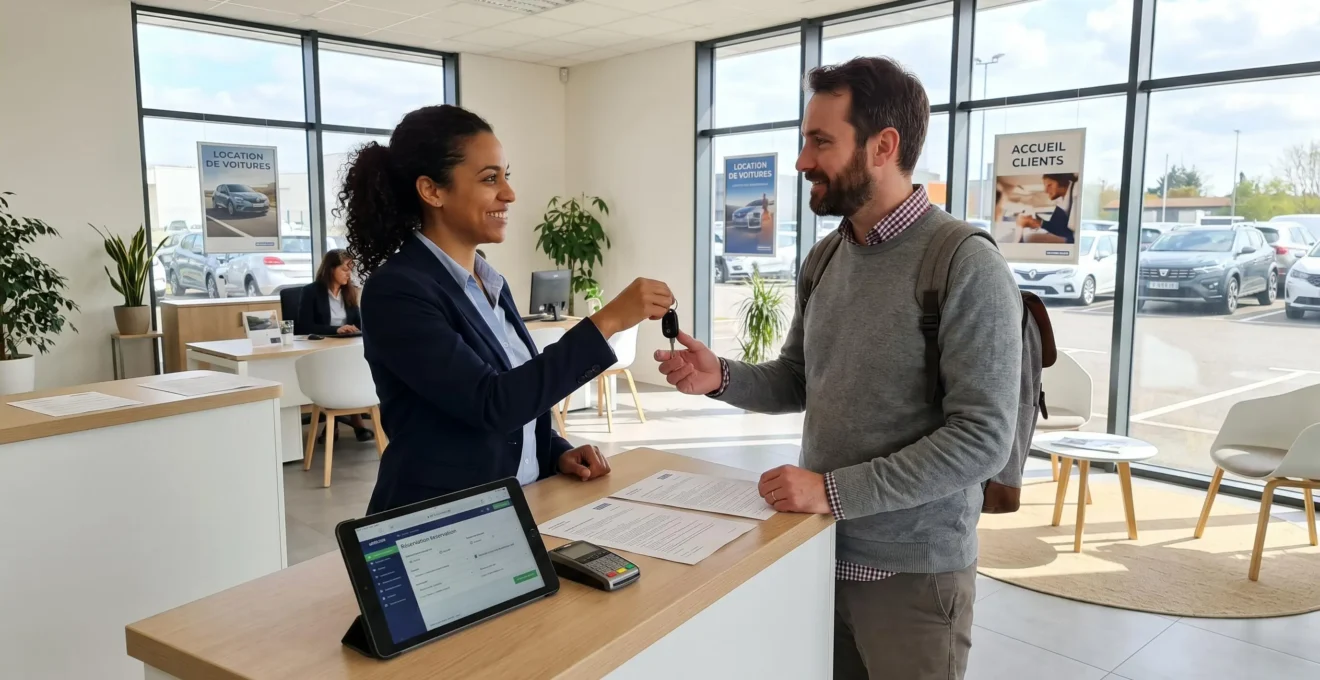 Agent d'agence de location remettant les clés d'un véhicule à un client au comptoir d'accueil moderne