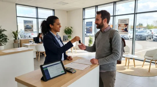 Agent d'agence de location remettant les clés d'un véhicule à un client au comptoir d'accueil moderne