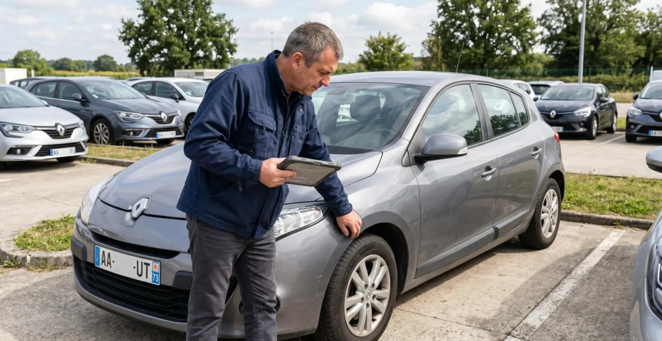 Inspection d'état des lieux d'un véhicule de location avec vérification méthodique de la carrosserie